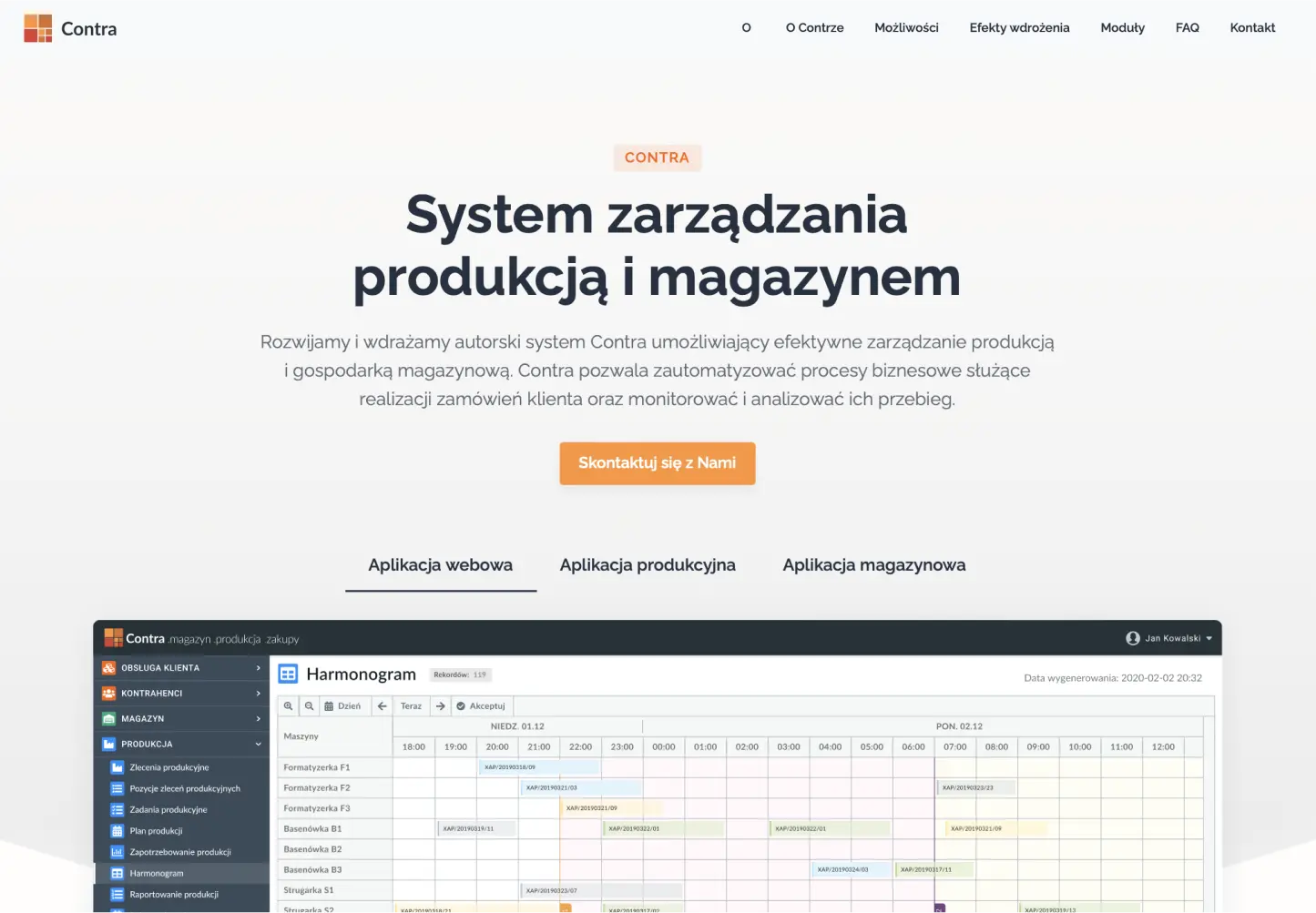 Contra - Strona internetowa systemu zarządzania produkcją i magazynem – profesjonalne tworzenie stron www dla firm technologicznych